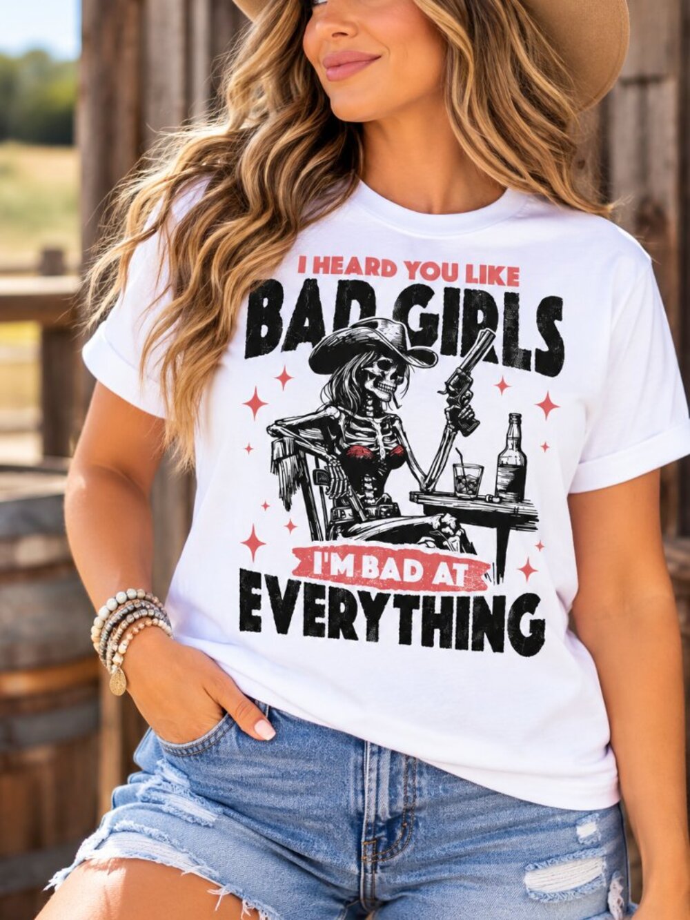 Bad Girls Skull Graphic T Shirt Trendy Western Style Tee Women Gifts White